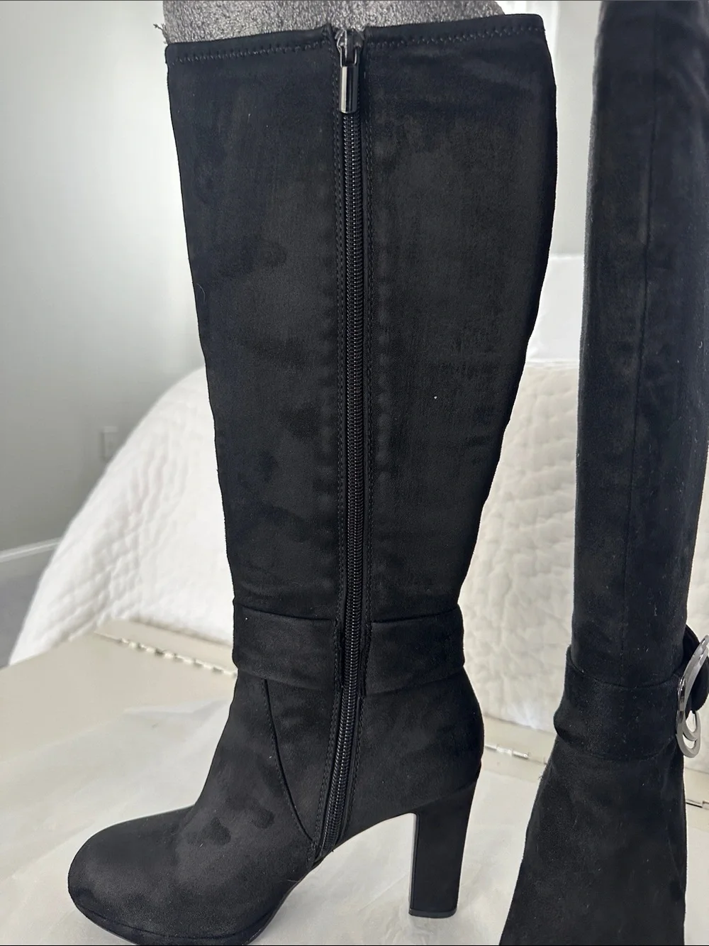 Black Over-the-Knee Suede Boots with Decorative Buckle